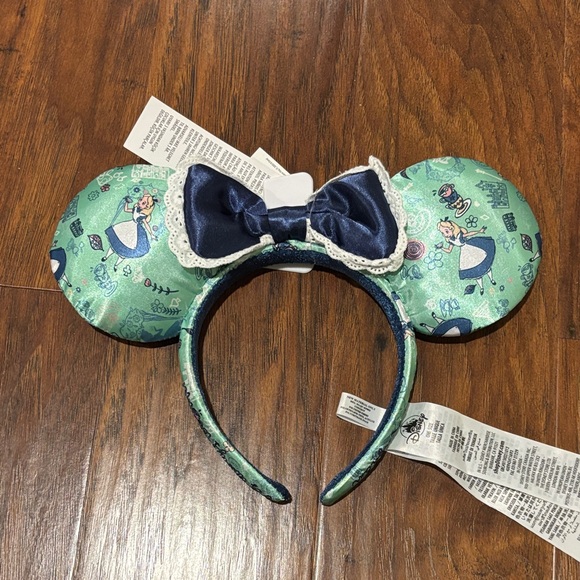Disney Accessories - Alice in Wonderland Satin Disney Mouse Ears - Mint Green with Navy Bow